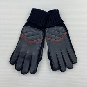 Vintage English Village Blue Acrylic Winter Gloves Quilted Faux Leather Retro